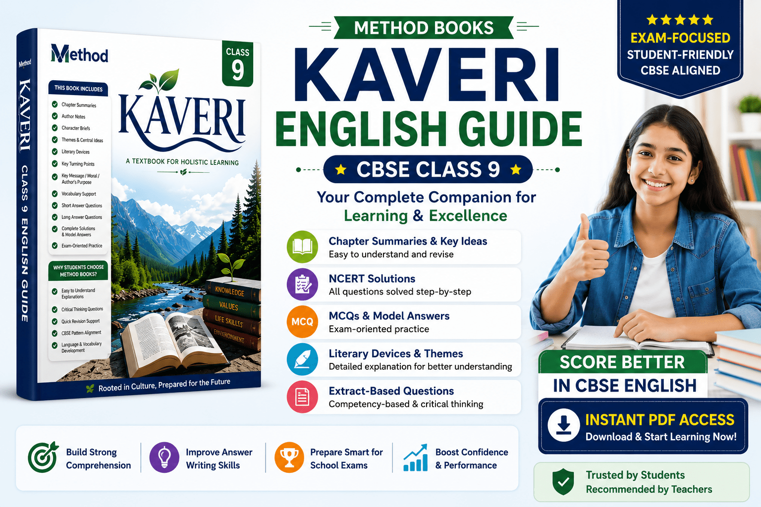 Method Books Class 9 Kaveri English Guide PDF with summaries, NCERT solutions, MCQs, literary devices, and CBSE exam preparation support