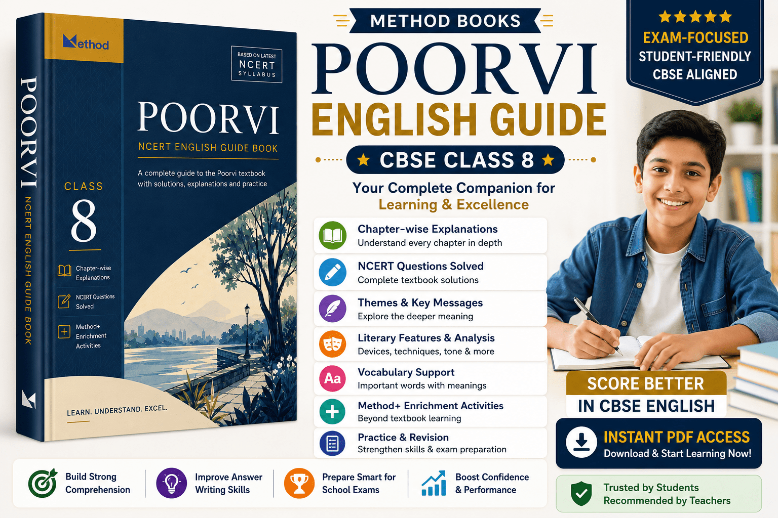 Method Books Poorvi CBSE Class 8 English Complete Guide with Explanations, Solutions, Activities & Practice