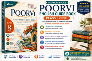 Method Books Poorvi Class 8 English Complete Guide PDF featuring chapter-wise explanations, themes, summaries, literary features, practice questions, and enrichment activities