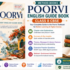 Method Books Poorvi Class 8 English Complete Guide PDF featuring chapter-wise explanations, themes, summaries, literary features, practice questions, and enrichment activities
