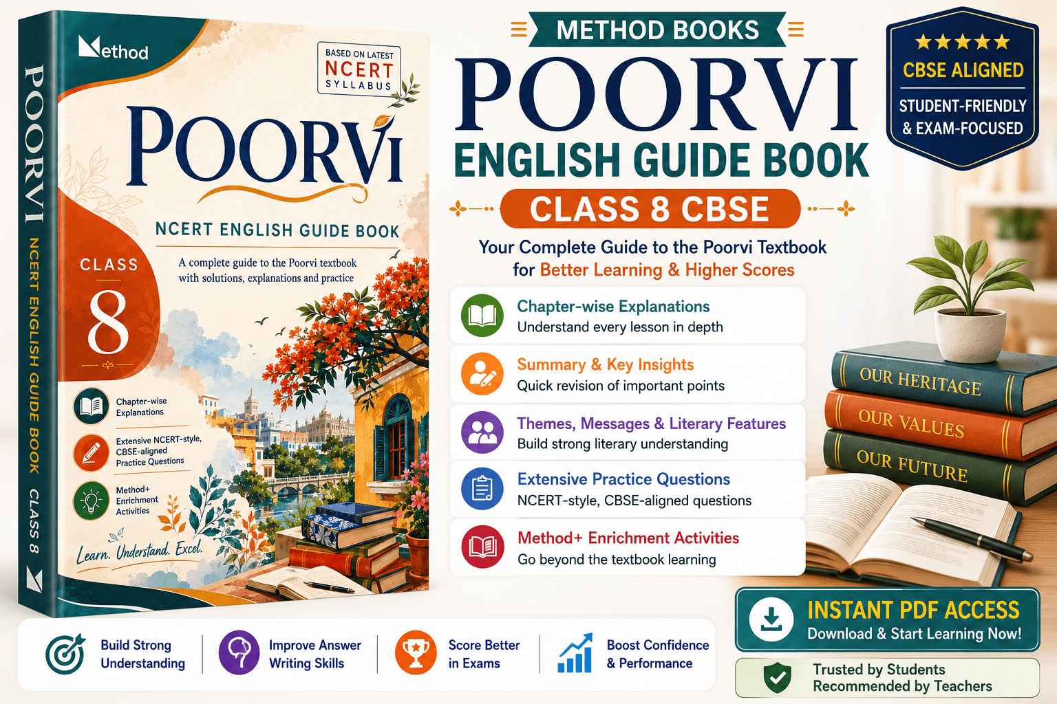 Method Books Poorvi CBSE Class 8 English Complete Guide | Explanations, Practice Questions & Enrichment Activities